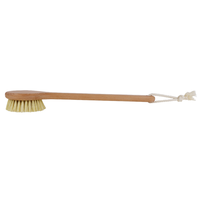 Handcrafted round bath brush with natural Tampico bristles and smooth oiled beechwood handle with hanging loop, designed for deep exfoliation and skin stimulation, featured in Health & Wellness, Grooming and Personal Hygiene, Best Sellers, and Promo Eligible collections.