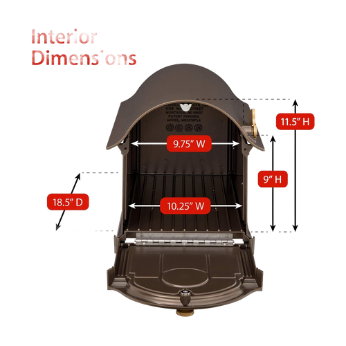 Handcrafted bronze and gold mailbox interior showing detailed dimensions, highlighting width, height, and depth, part of USA Made Home & Decor and Mailboxes and Address Signs collections.