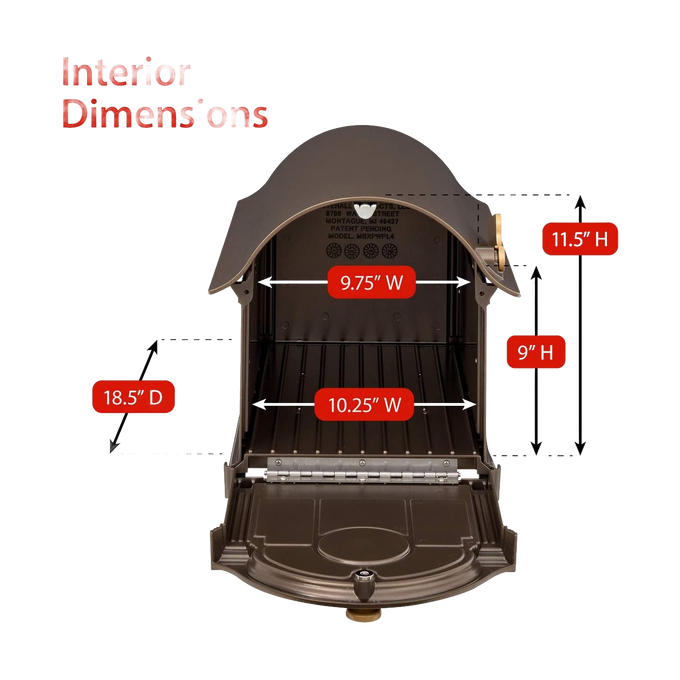 Handcrafted bronze and gold mailbox interior showing detailed dimensions, highlighting width, height, and depth, part of USA Made Home & Decor and Mailboxes and Address Signs collections.