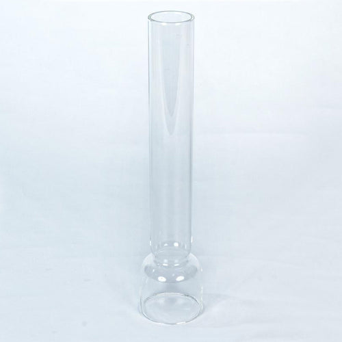 Clear glass chimney with a slender, cylindrical shape and a rounded base, designed for use with table, shelf, and cottage oil lamps, featured in Lamps & Lighting and Parts and Accessories collections.