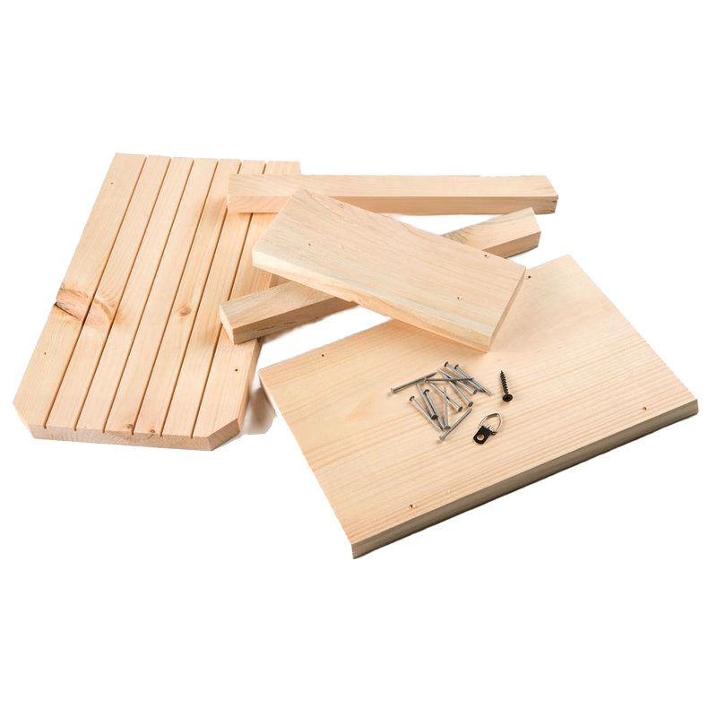 Unfinished natural wood pieces and hardware for assembling a handcrafted bat house kit, perfect for Farm, Garden & Tool, Garden Accessories, Pest Control, USA Made, Best Sellers, and Promo Eligible collections.