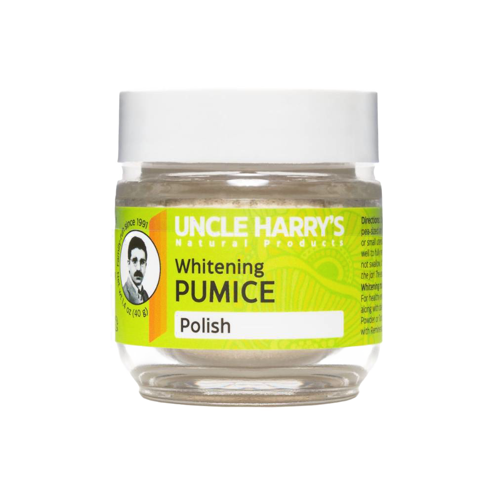 Small clear jar of Uncle Harry's natural teeth whitening pumice polish with white lid and bright green label, featured in Health & Wellness, Grooming, USA Made, and Best Sellers collections