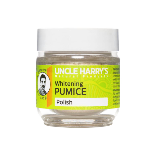 Small clear jar of Uncle Harry's natural teeth whitening pumice polish with white lid and bright green label, featured in Health & Wellness, Grooming, USA Made, and Best Sellers collections