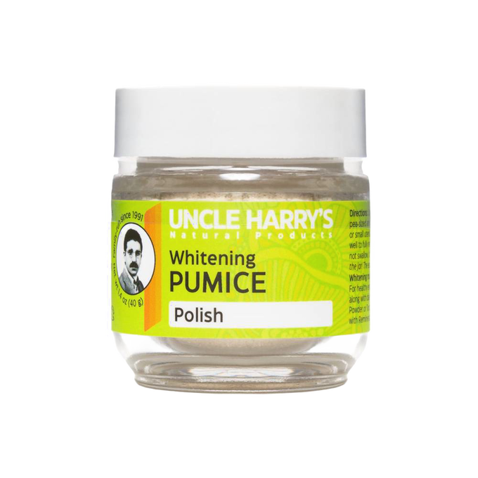 Small clear jar of Uncle Harry's natural teeth whitening pumice polish with white lid and bright green label, featured in Health & Wellness, Grooming, USA Made, and Best Sellers collections
