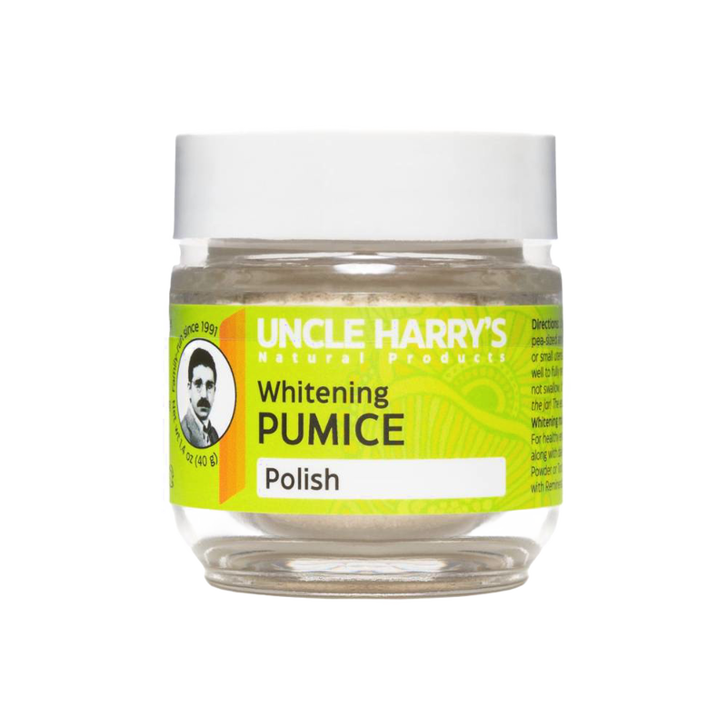 Small clear jar of Uncle Harry's natural teeth whitening pumice polish with white lid and bright green label, featured in Health & Wellness, Grooming, USA Made, and Best Sellers collections