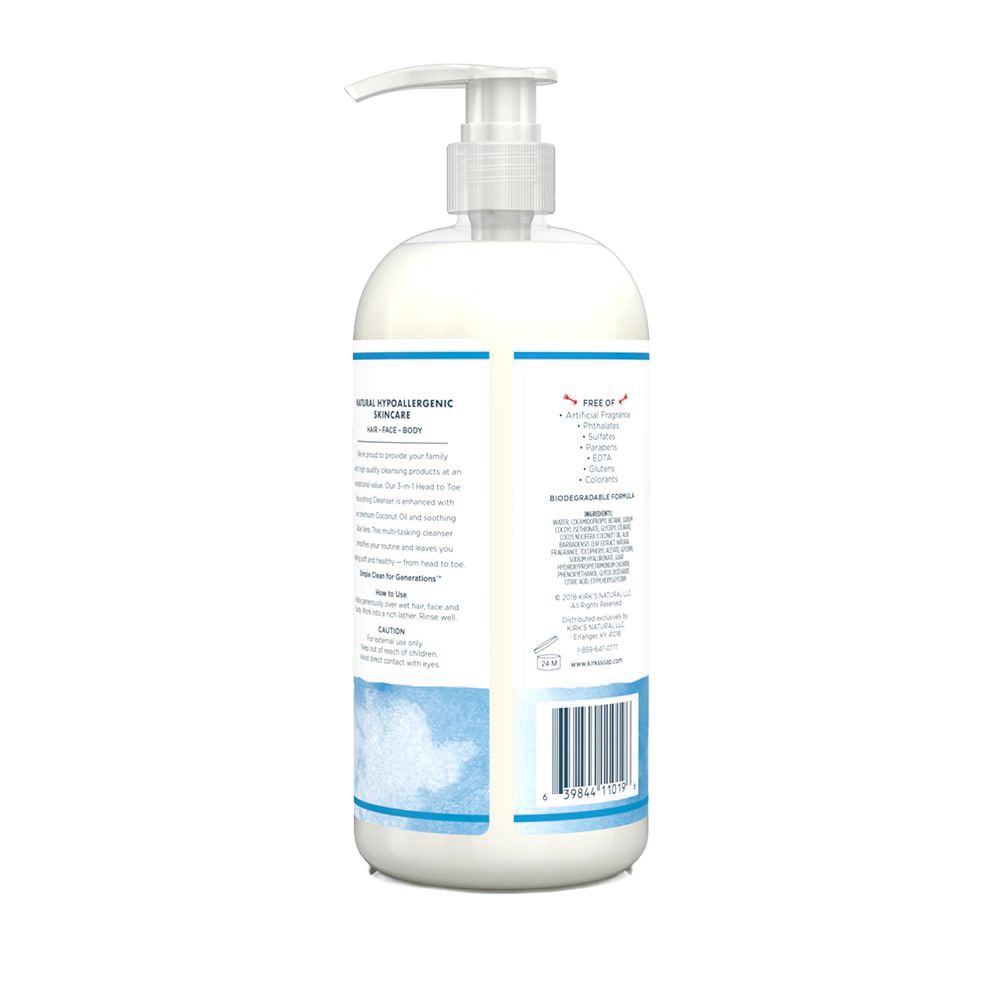 Back view of a handcrafted, USA-made nourishing cleanser bottle with pump, highlighting hypoallergenic, biodegradable formula and gentle care for face, hair, and body in Health & Wellness and Grooming collections.