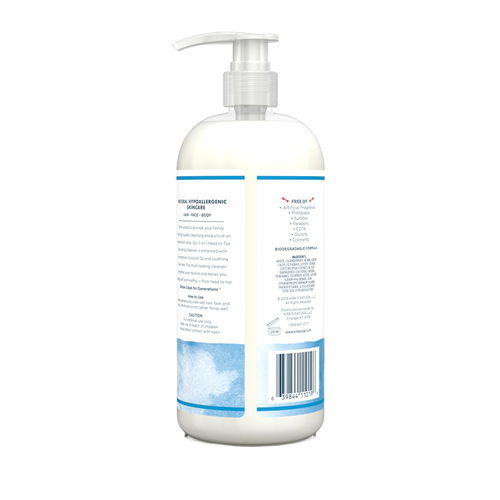 Back view of a handcrafted, USA-made nourishing cleanser bottle with pump, highlighting hypoallergenic, biodegradable formula and gentle care for face, hair, and body in Health & Wellness and Grooming collections.