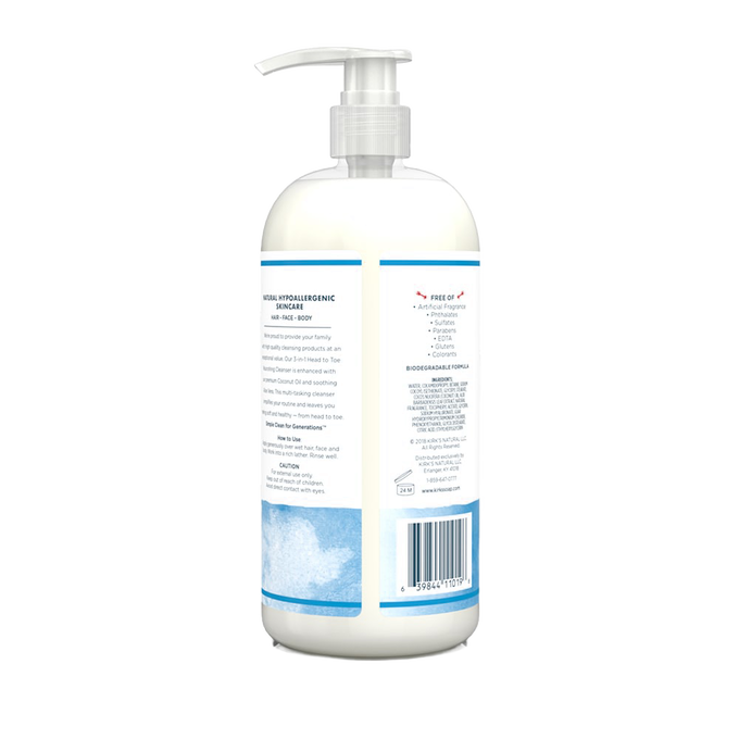 Back view of a handcrafted, USA-made nourishing cleanser bottle with pump, highlighting hypoallergenic, biodegradable formula and gentle care for face, hair, and body in Health & Wellness and Grooming collections.
