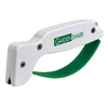 Compact garden tool sharpener with a green grip and white housing, designed for quick edge sharpening of farm and garden tools, made in USA and featured in lawncare collections.