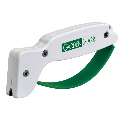 Compact garden tool sharpener with a green grip and white housing, designed for quick edge sharpening of farm and garden tools, made in USA and featured in lawncare collections.