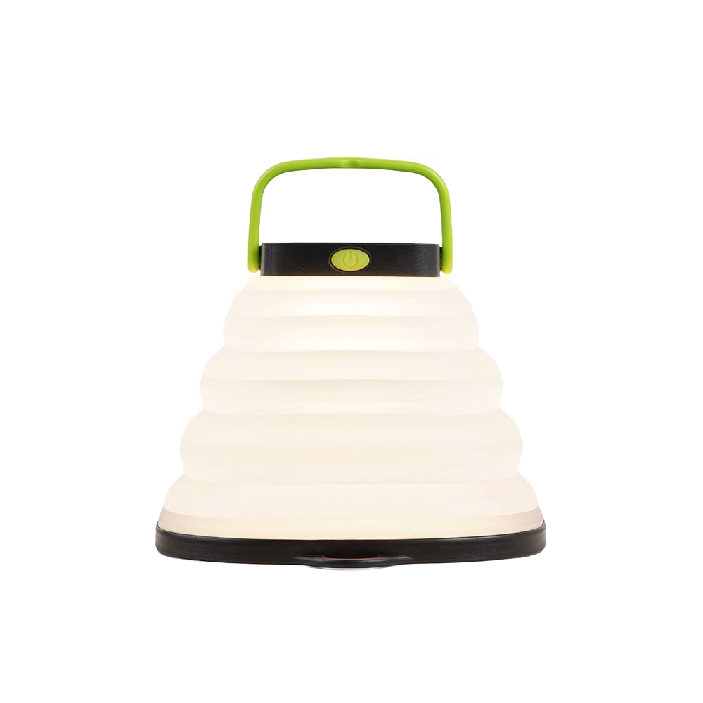 Compact collapsible solar lantern with soft white light, featuring a green handle and durable base, ideal for emergency supplies, camping, and LED lighting collections.