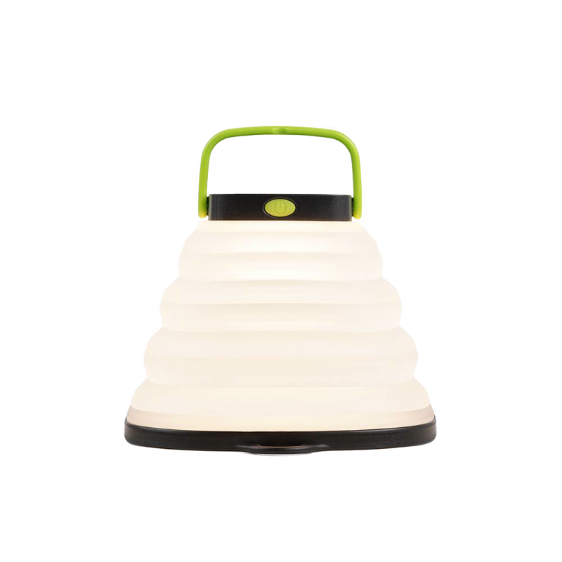 Compact collapsible solar lantern with soft white light, featuring a green handle and durable base, ideal for emergency supplies, camping, and LED lighting collections.