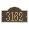 Handcrafted bronze and gold address plaque with an arched rectangular shape, featuring raised numbers for clear visibility, made in USA and part of Home & Decor collections.