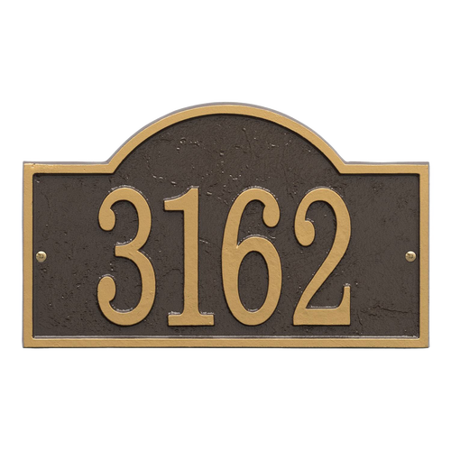 Handcrafted bronze and gold address plaque with an arched rectangular shape, featuring raised numbers for clear visibility, made in USA and part of Home & Decor collections.