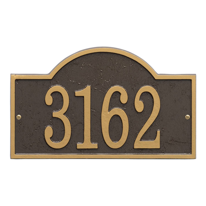 Handcrafted bronze and gold address plaque with an arched rectangular shape, featuring raised numbers for clear visibility, made in USA and part of Home & Decor collections.