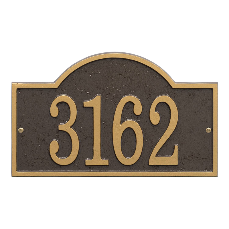 Handcrafted bronze and gold address plaque with an arched rectangular shape, featuring raised numbers for clear visibility, made in USA and part of Home & Decor collections.