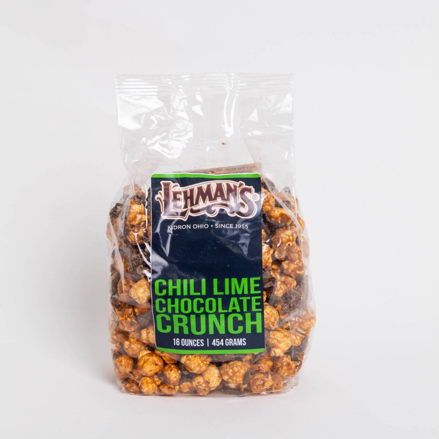 Clear bag of handcrafted Lehman's Chili Lime Chocolate Crunch popcorn, a unique sweet and savory treat made in USA, featured in Kitchen & Food, Snacks and Sweets, Popcorn, USA Made, and Best Sellers collections.