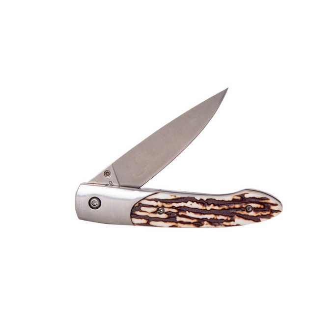 Folding pocket knife with a stainless steel blade and antler handle featuring natural texture, a handcrafted design ideal for Farm, Garden & Tool and Knives & Axes collections.