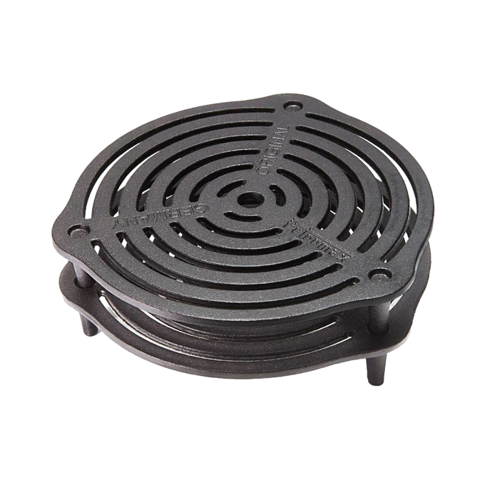 Solid cast iron stack grate with elevated legs for multi-level Dutch oven cooking, offering excellent heat management, featured in Farm, Garden & Tool, Kitchen & Food, Camping, Cookware, Cast Iron, Best Sellers, and Promo Eligible collections.