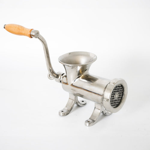 Handcrafted stainless steel mounted meat grinder with a smooth wooden handle and sturdy base featuring pre-drilled holes, ideal for Kitchen & Food, Specialty Equipment, Butchering Supplies, Best Sellers collections.