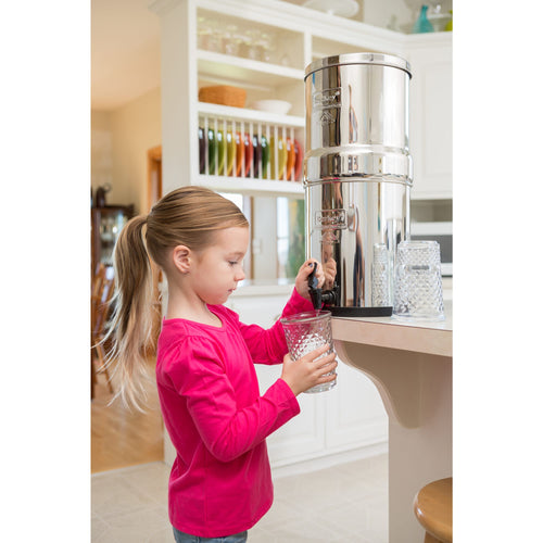 Young girl filling a clear glass from a polished stainless steel water filtration system with black spigot, showcased in a bright kitchen setting with farmhouse decor, suitable for Farm, Garden & Tool and Appliances collections.