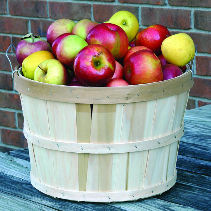 Handcrafted raw poplar wood half bushel basket filled with assorted apples, featuring metal wire handles; suitable for Farm, Garden & Tool, Garden Accessories, USA Made, Best Sellers collections.