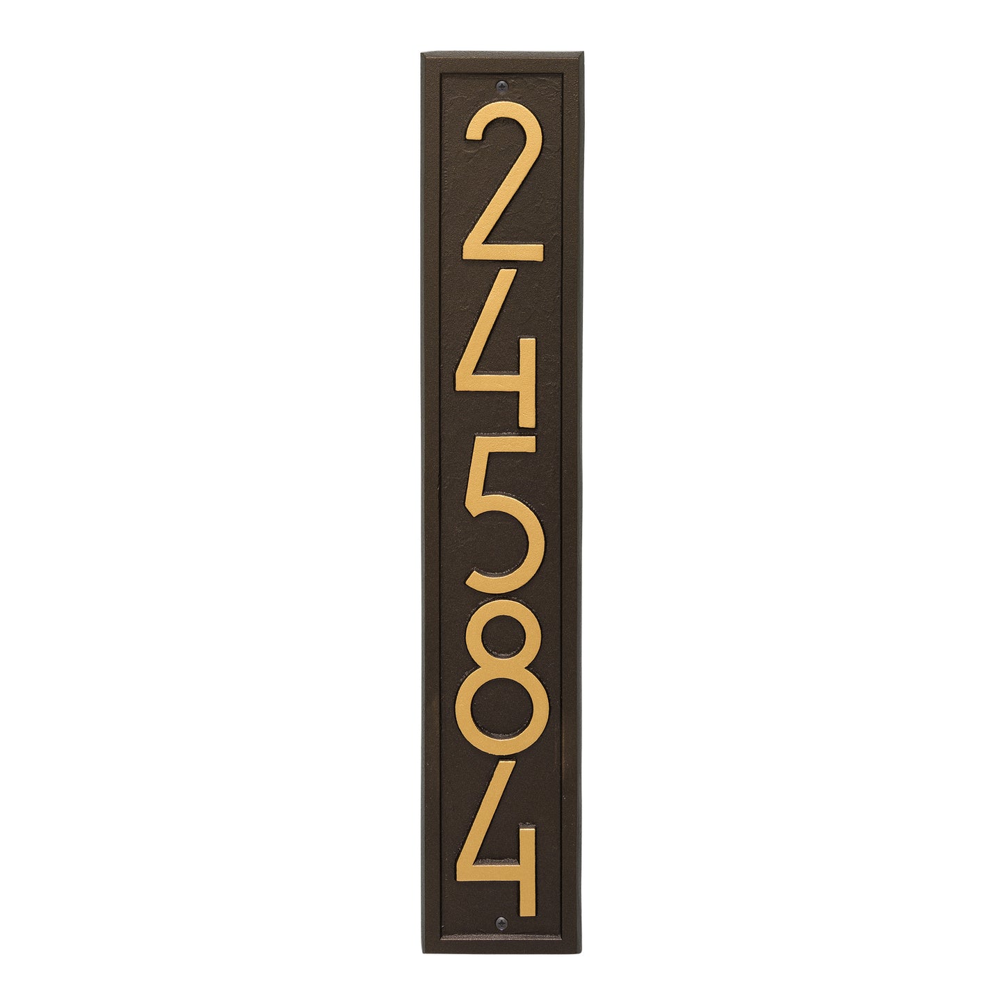 Handcrafted vertical address plaque in aged bronze with bold modern numbers, designed to increase curb appeal and resale value, made in USA, featured in Home & Decor and Mailboxes and Address Signs collections.