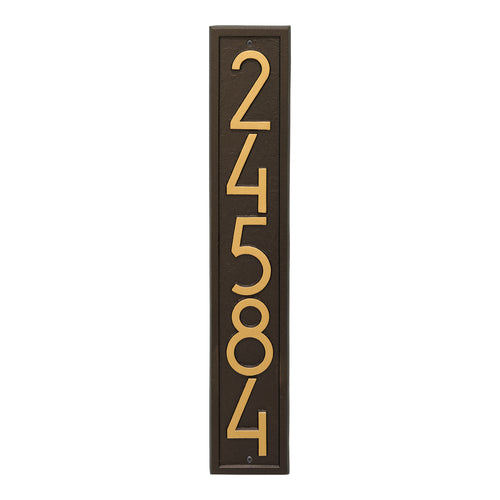 Handcrafted vertical address plaque in aged bronze with bold modern numbers, designed to increase curb appeal and resale value, made in USA, featured in Home & Decor and Mailboxes and Address Signs collections.