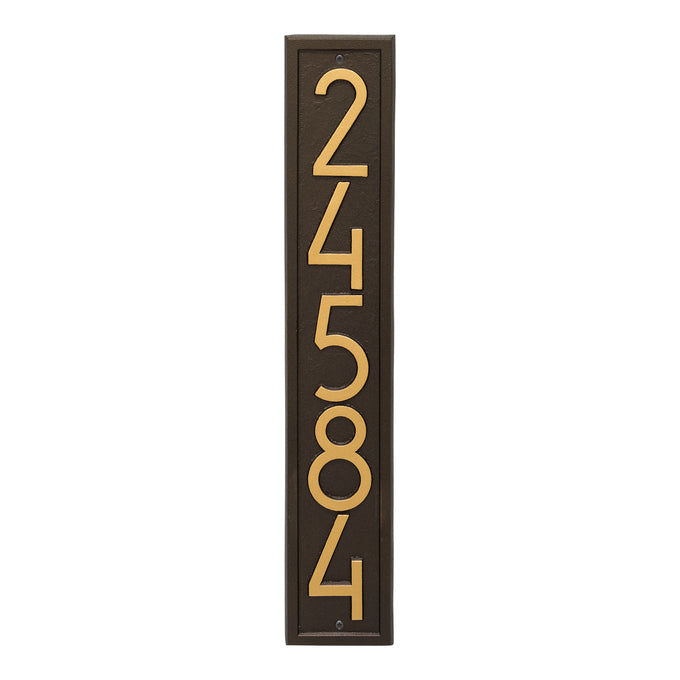 Handcrafted vertical address plaque in aged bronze with bold modern numbers, designed to increase curb appeal and resale value, made in USA, featured in Home & Decor and Mailboxes and Address Signs collections.