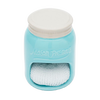 Light blue ceramic sponge holder shaped like a mason jar with white top, featuring embossed lettering and a built-in slot for holding a white dish sponge, ideal for kitchen and household use.