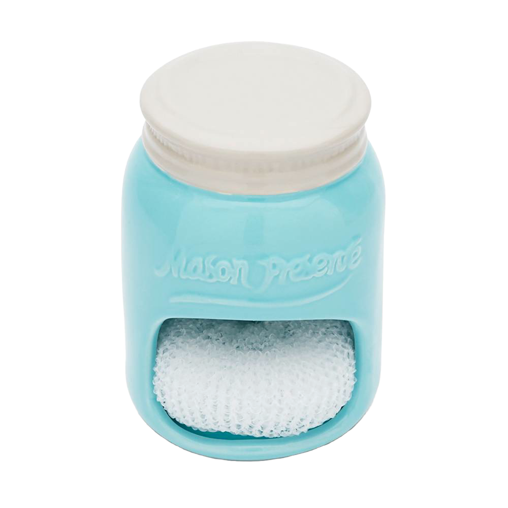 Light blue ceramic sponge holder shaped like a mason jar with white top, featuring embossed lettering and a built-in slot for holding a white dish sponge, ideal for kitchen and household use.