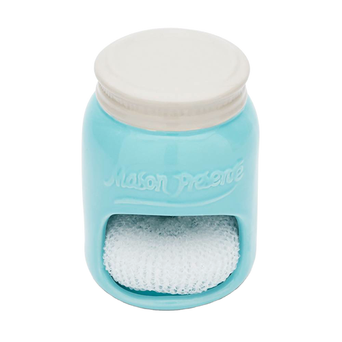 Light blue ceramic sponge holder shaped like a mason jar with white top, featuring embossed lettering and a built-in slot for holding a white dish sponge, ideal for kitchen and household use.