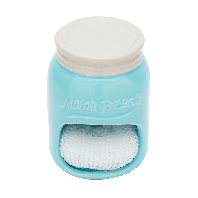 Light blue ceramic sponge holder shaped like a mason jar with white top, featuring embossed lettering and a built-in slot for holding a white dish sponge, ideal for kitchen and household use.