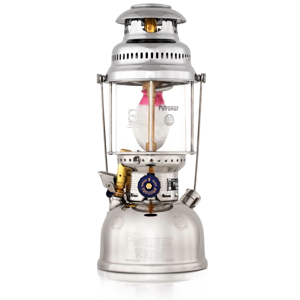 Classic stainless steel kerosene pressure lamp with glass globe and fabric mantle, designed for reliable bright outdoor lighting in farm, garden, camping, and emergency use.