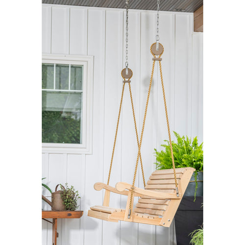 Handcrafted porch swing suspended by a durable rope kit with metal pulleys and chain, featured in Home & Decor, Outdoor Furniture, USA Made, Best Sellers, and Promo Eligible collections.