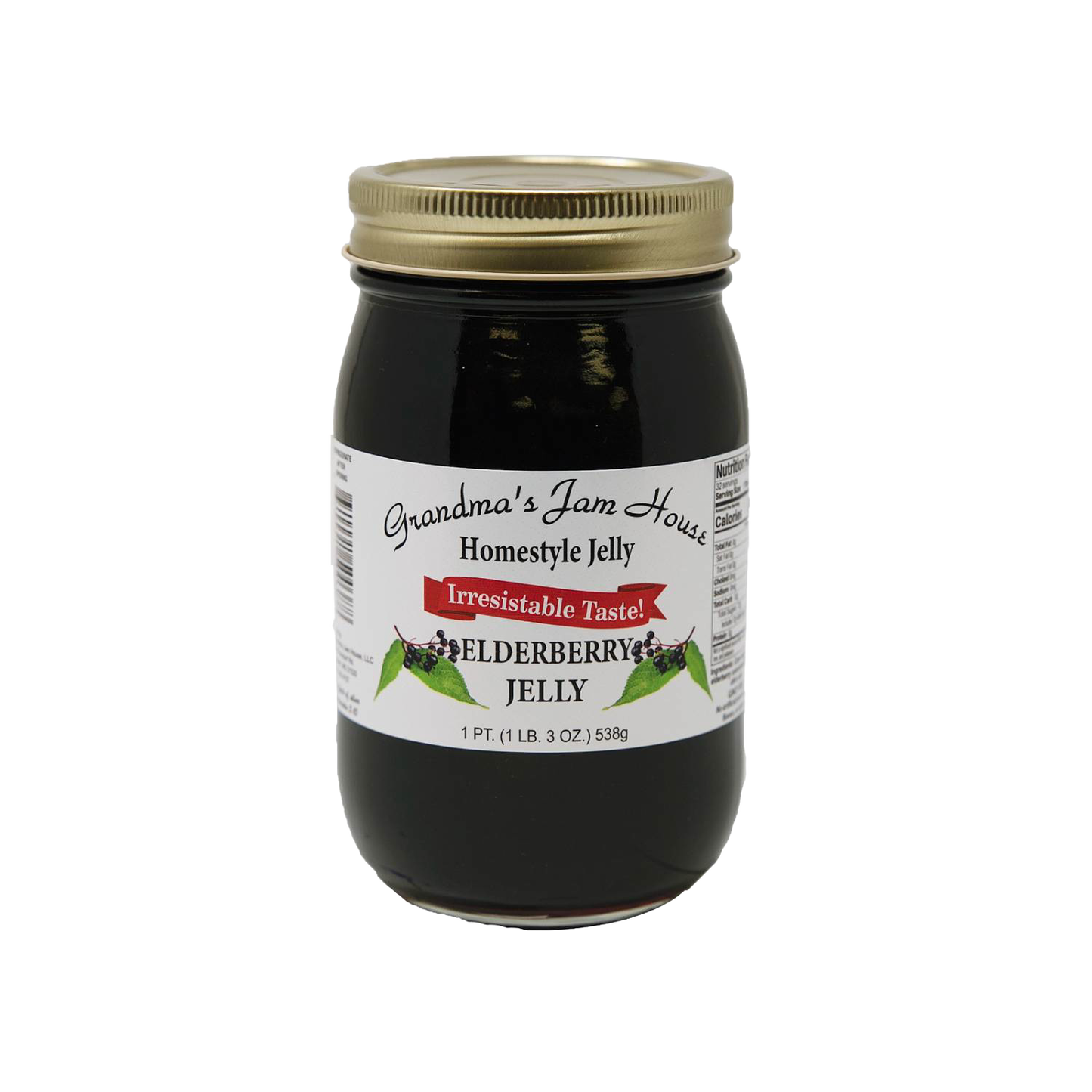 Handcrafted jar of elderberry jelly with gold lid and white label featuring elderberry illustrations and "Irresistable Taste" banner, made in USA, ideal for Kitchen & Food, Pantry, Peanut Butter & Jellies, Best Sellers, and Promo Eligible collections.
