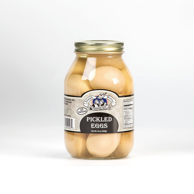 Glass jar of handcrafted pickled eggs in clear brine with vintage-style label and metal lid, made in USA, suitable for Kitchen & Food, Food, Pantry, Best Sellers, and Promo Eligible collections.