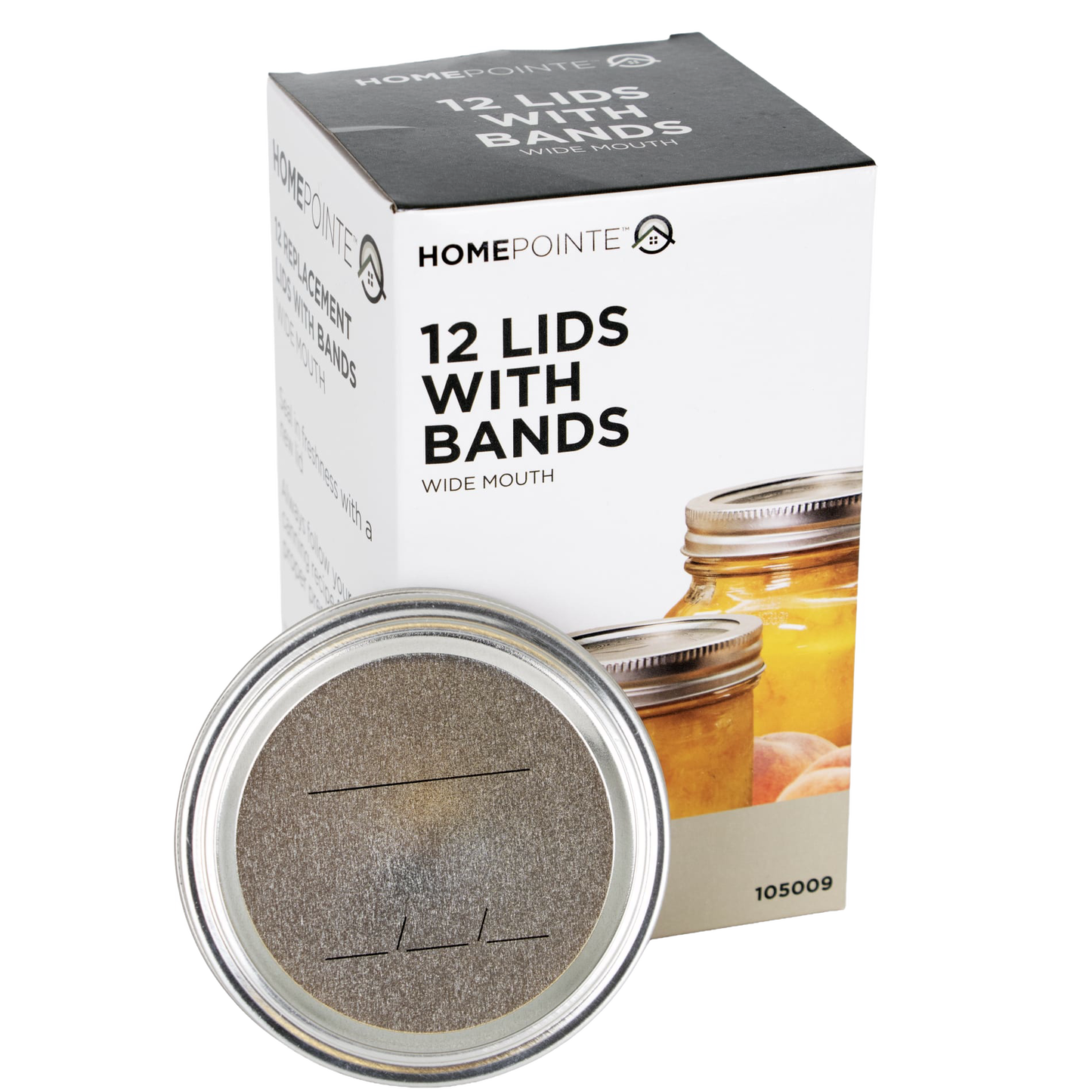 Box containing 12 wide-mouth canning lids and metal bands with BPA-free sealing compound, shown with a single lid in front, suitable for Kitchen & Food, Food Preservation, Canning, Canning Jar Lids and Bands, Best Sellers, and Promo Eligible collections.