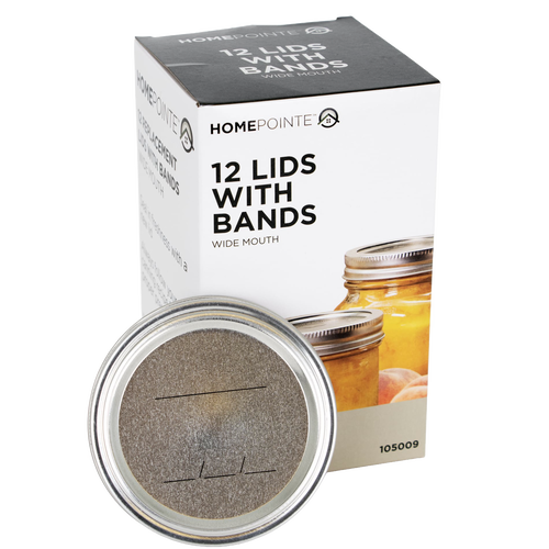 Box containing 12 wide-mouth canning lids and metal bands with BPA-free sealing compound, shown with a single lid in front, suitable for Kitchen & Food, Food Preservation, Canning, Canning Jar Lids and Bands, Best Sellers, and Promo Eligible collections.