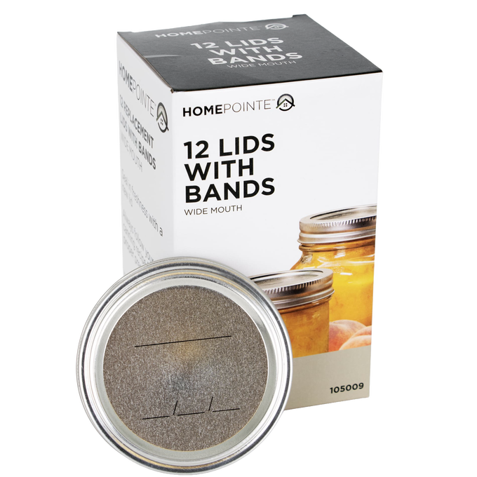 Box containing 12 wide-mouth canning lids and metal bands with BPA-free sealing compound, shown with a single lid in front, suitable for Kitchen & Food, Food Preservation, Canning, Canning Jar Lids and Bands, Best Sellers, and Promo Eligible collections.