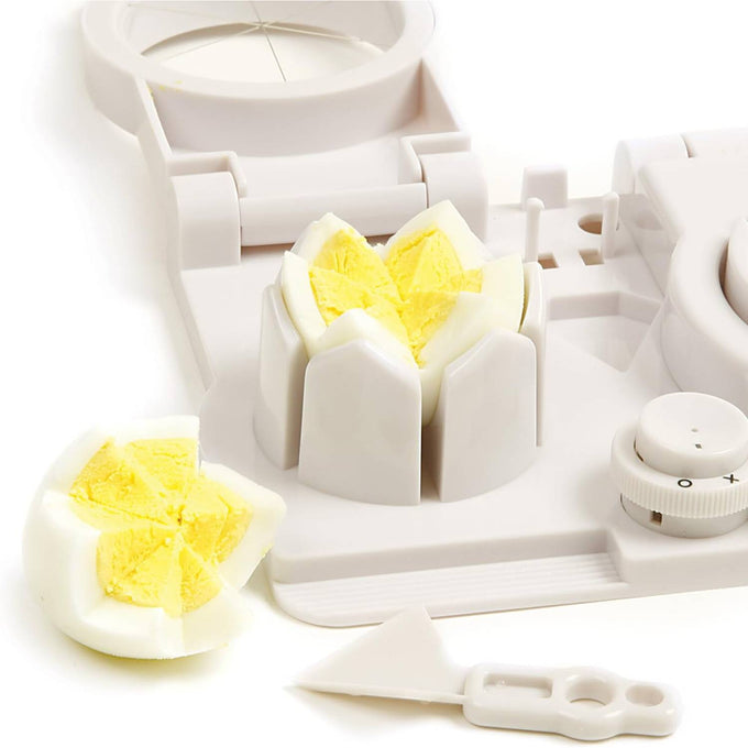 White kitchen gadget slicing a hard-boiled egg into six equal wedges with an included garnishing tool, part of Food Prep, Kitchen Gadgets, and Best Sellers collections.