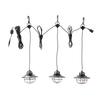 Three USB-powered Edison-style LED pendant lights with water- and rust-resistant black powder-coated steel shades and protective metal cages, featuring carabiner hooks for easy hanging in outdoor garden and lighting settings.