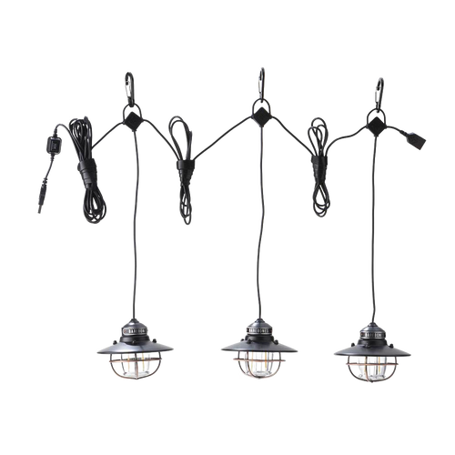 Three USB-powered Edison-style LED pendant lights with water- and rust-resistant black powder-coated steel shades and protective metal cages, featuring carabiner hooks for easy hanging in outdoor garden and lighting settings.