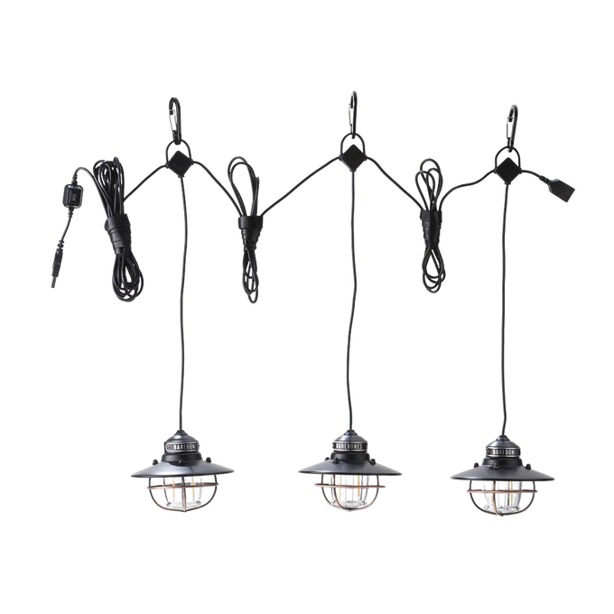 Three USB-powered Edison-style LED pendant lights with water- and rust-resistant black powder-coated steel shades and protective metal cages, featuring carabiner hooks for easy hanging in outdoor garden and lighting settings.