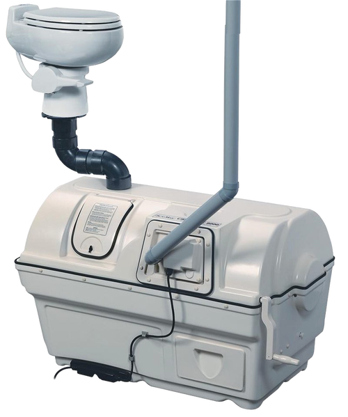 High-capacity composting toilet system in light gray featuring an enlarged bio-drum and vent pipe, designed for long-term use in cottages; included in Appliances, Composting Toilets, Best Sellers collections.