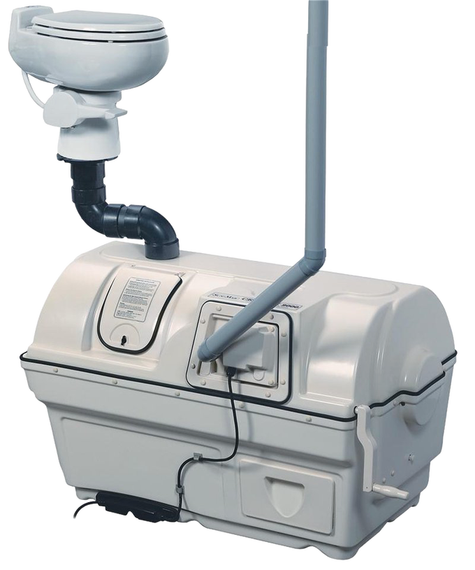 High-capacity composting toilet system in light gray featuring an enlarged bio-drum and vent pipe, designed for long-term use in cottages; included in Appliances, Composting Toilets, Best Sellers collections.