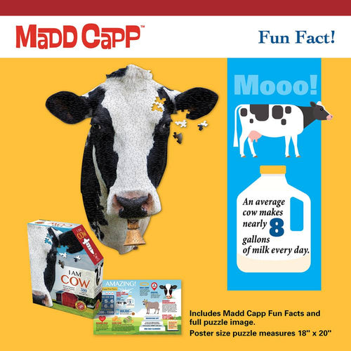 Cow head-shaped 300-piece jigsaw puzzle with a close-up black and white cow image, including fun fact poster and educational content, ideal for children’s games and puzzles collections.
