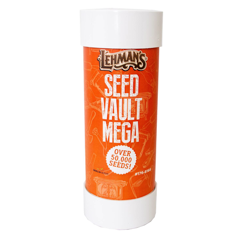Tall cylindrical container with a bright orange label reading “Seed Vault Mega” and highlighting over 50,000 seeds, designed for use in farm, garden, and seed planting, made in USA.
