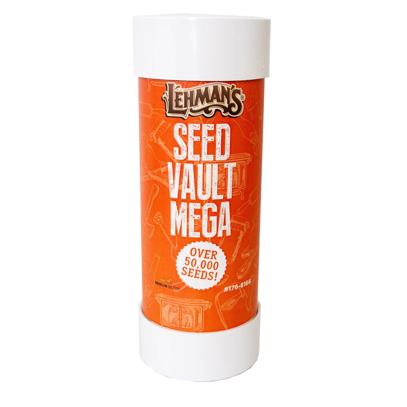 Tall cylindrical container with a bright orange label reading “Seed Vault Mega” and highlighting over 50,000 seeds, designed for use in farm, garden, and seed planting, made in USA.