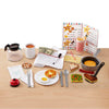 Handcrafted wooden indoor playset including double-sided food pieces like egg, waffle, and steak, play money, working bell, menu, and milkshake, ideal for children's toys and best sellers collections.